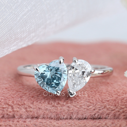 [Blue Heart & Pear Shape Lab Diamond Two Stone Ring in White Gold]-[Ouros Jewels]