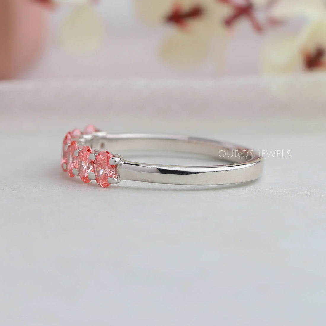 Pink and Blue Oval Seven Diamond Wedding Bands Ring