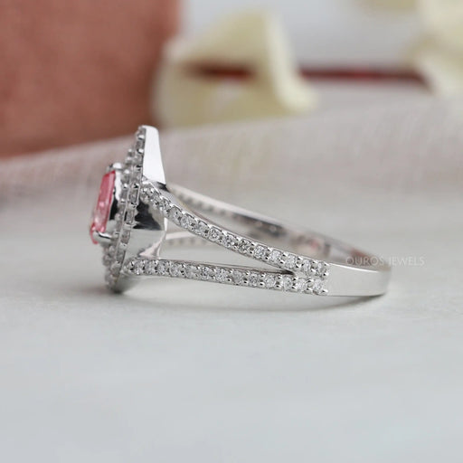 side view of pink pear cut lab diamond split double halo engagement ring