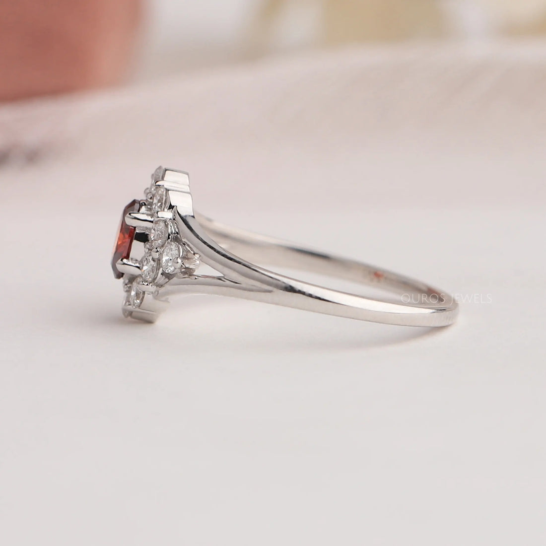 Red Oval Cut Halo Diamond Ring