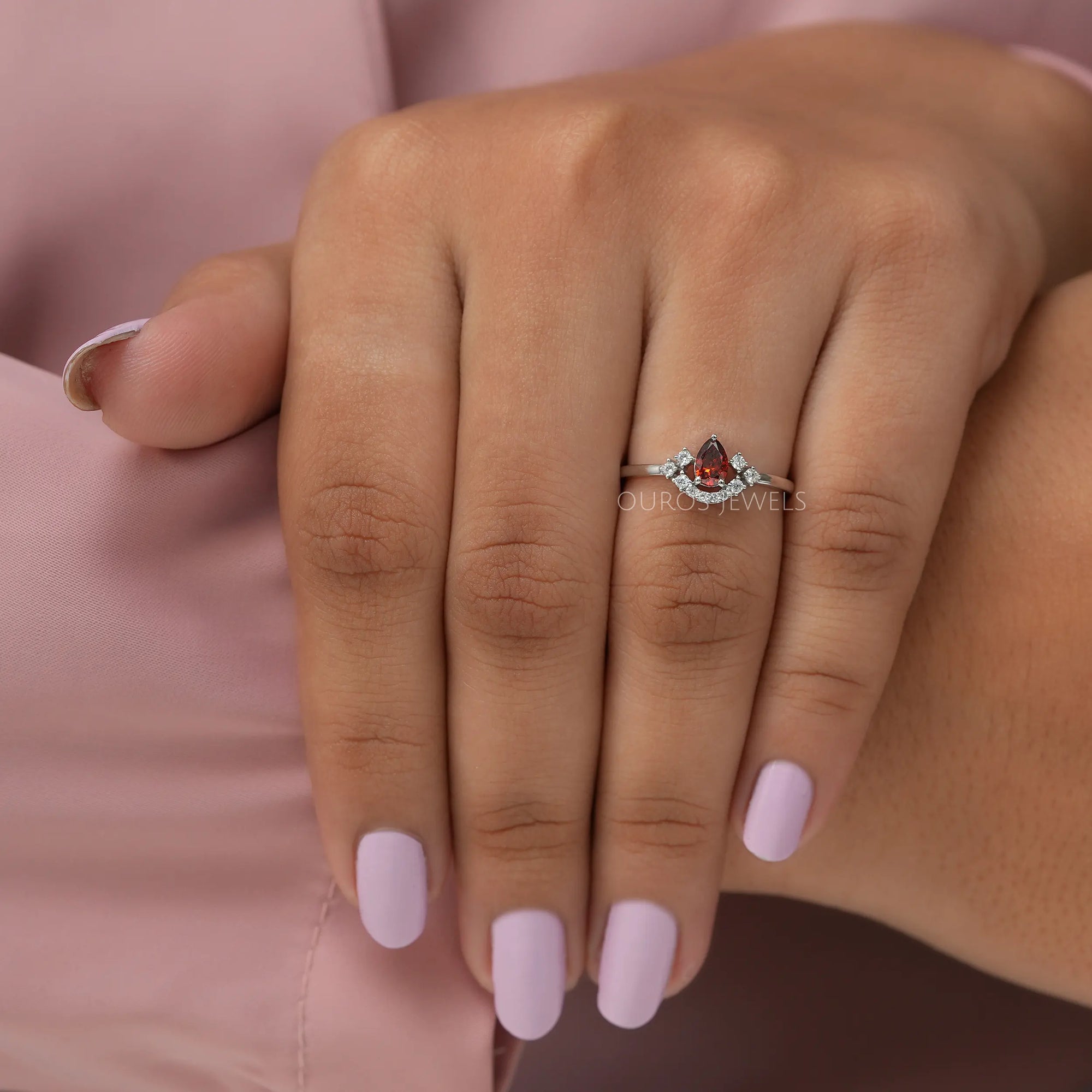 Red Pear Diamond Curved Halo Ring